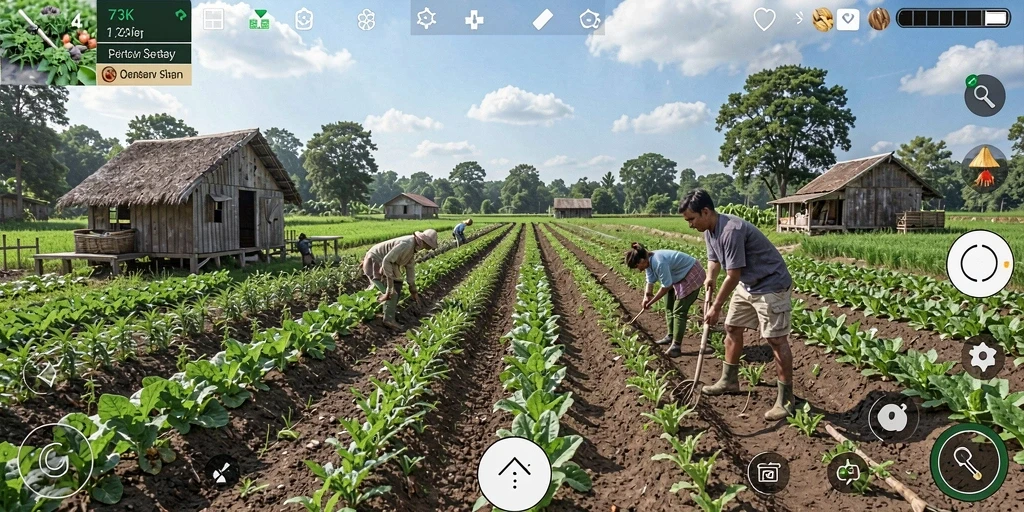 Screenshot menunjukkan gameplay seru dalam pertanian tanaman di 73K.