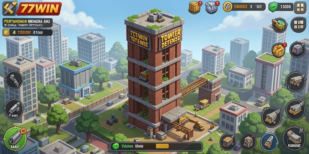 Screenshot gameplay menampilkan aksi menara bertahan yang intens di 77WIN.