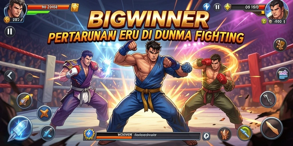 Screenshot gameplay BIGWINNER yang menunjukkan pertarungan epic dengan karakter unik.