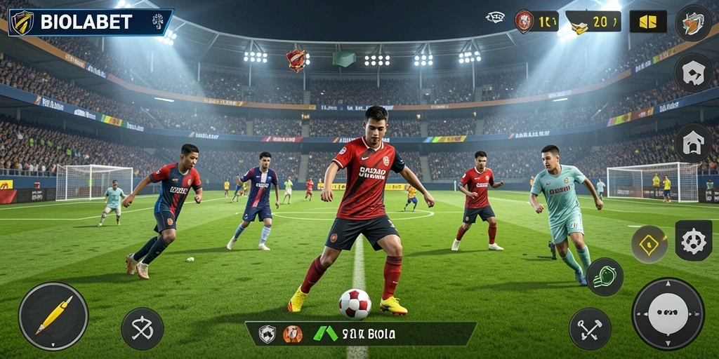 Screenshot gameplay BIOLABET dengan aksi sepak bola yang seru.