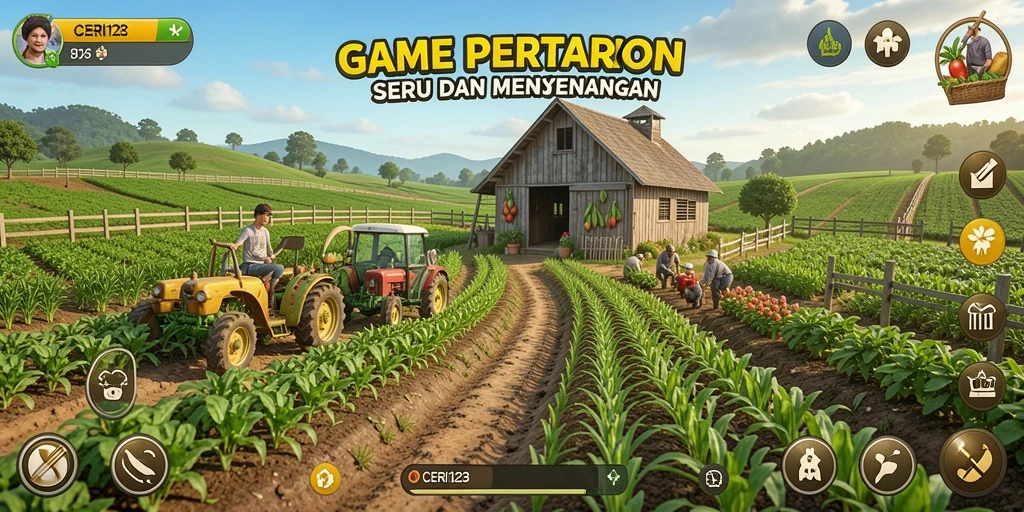Screenshot CERI123 menunjukkan momen seru bertani dengan grafik menarik.
