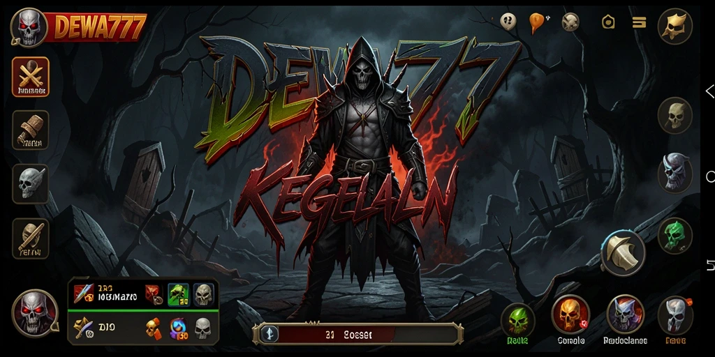 Tampilan gameplay <strong>DEWA777</strong> yang menegangkan dalam suasana gelap dan menyeramkan.