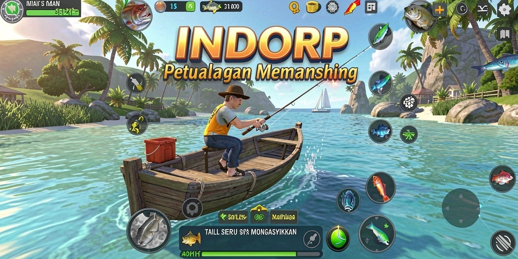 Tampilan gameplay INDORP yang menawan saat memancing di laut.