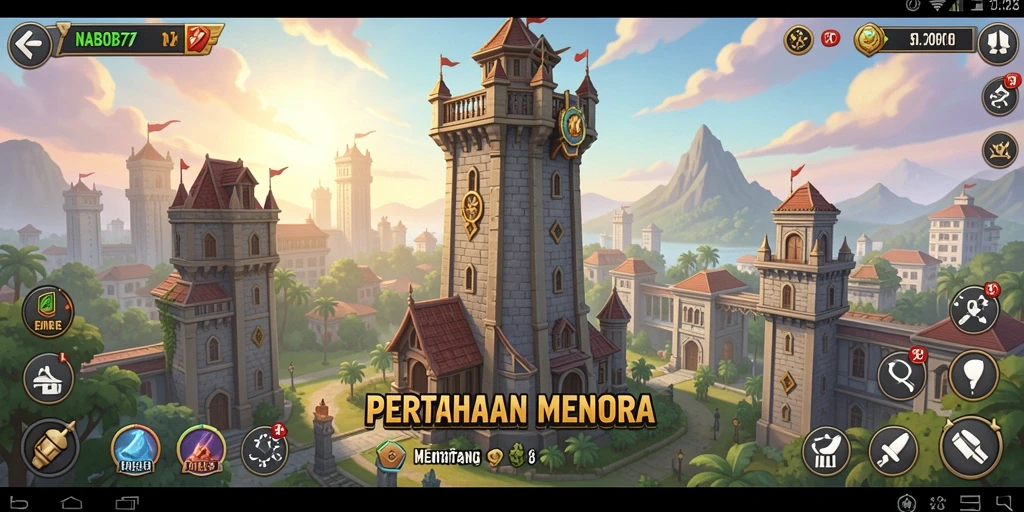 Tampilan gameplay NABOB77 dengan menara dan musuh yang beragam.