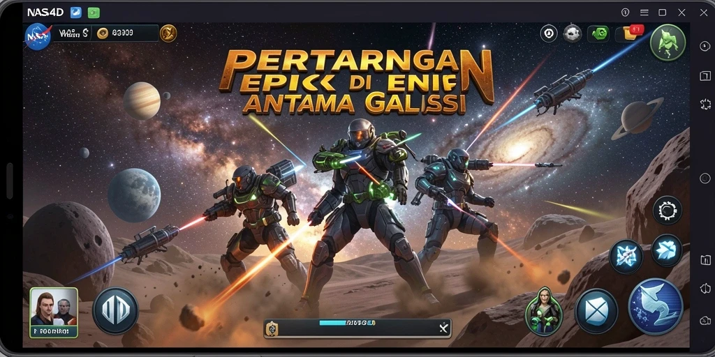 Tampilan gameplay NASA4D dengan pertarungan antar karakter di luar angkasa.