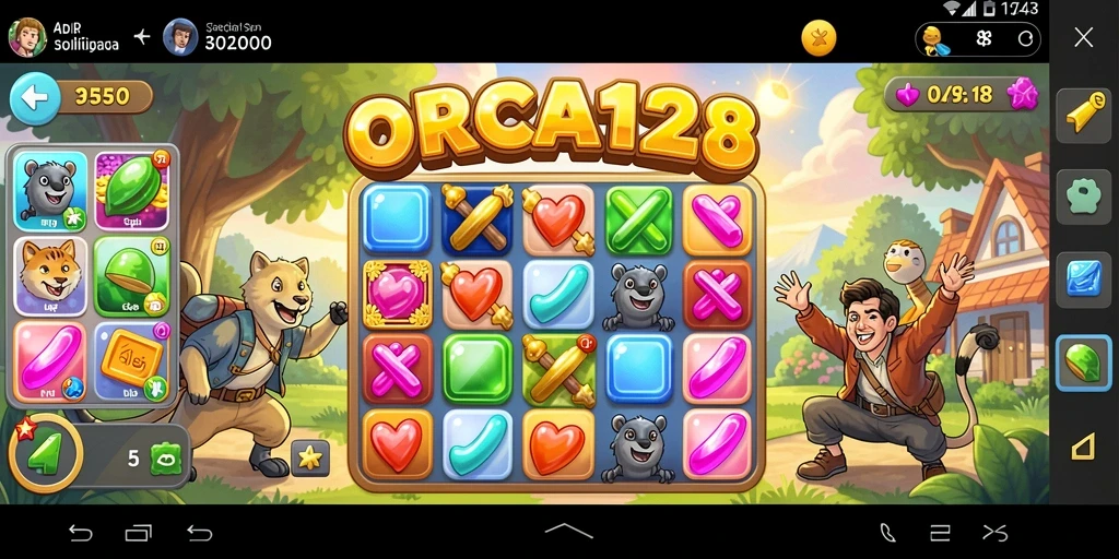 Screenshot gameplay ORCA128 dengan tampilan level menantang dan warna-warni.
