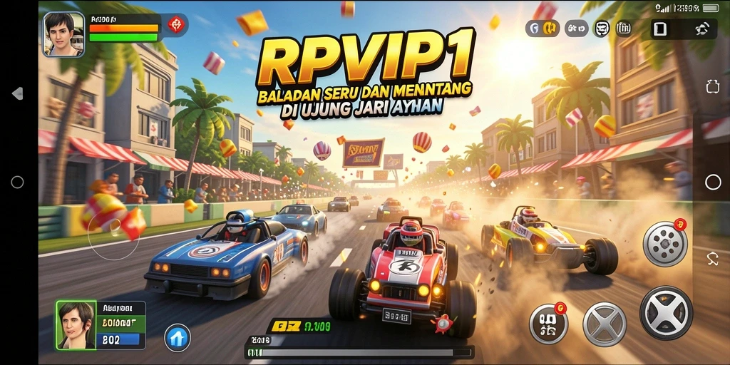 Tampilan gameplay RPVIP1 dengan mobil balap cepat di lintasan.