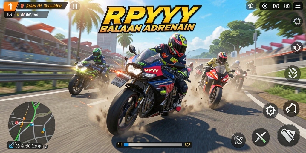 Tampilan utama gameplay RPYYY dengan aksi balapan motor yang seru.